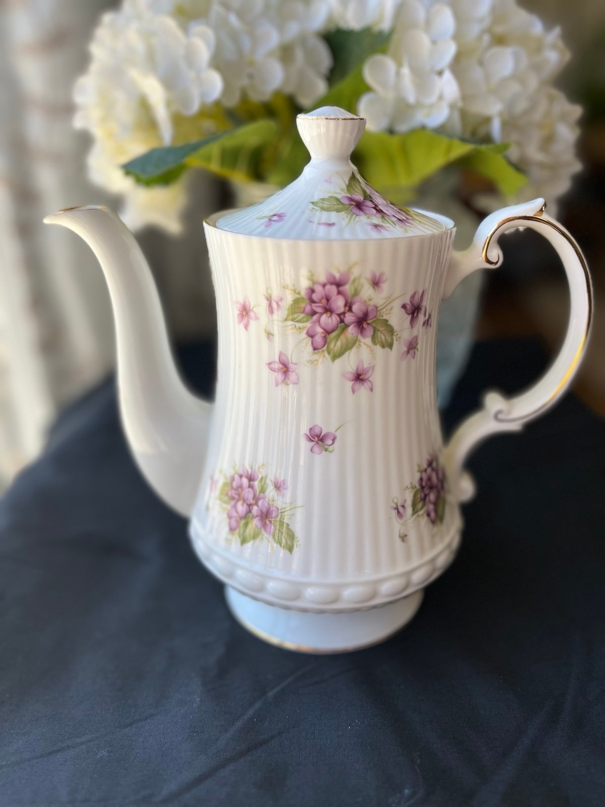 Vintage Queen Rosina Teapot, Gold Trim With Violet Floral Design