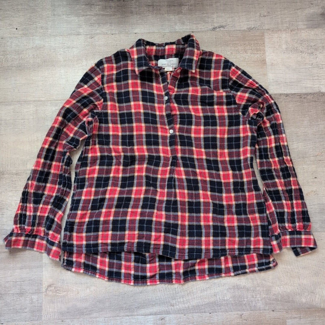 Trovata Birds of Paradis Red Blue Checkered Shirt Long Sleeve Sz S 1/2 Button Up