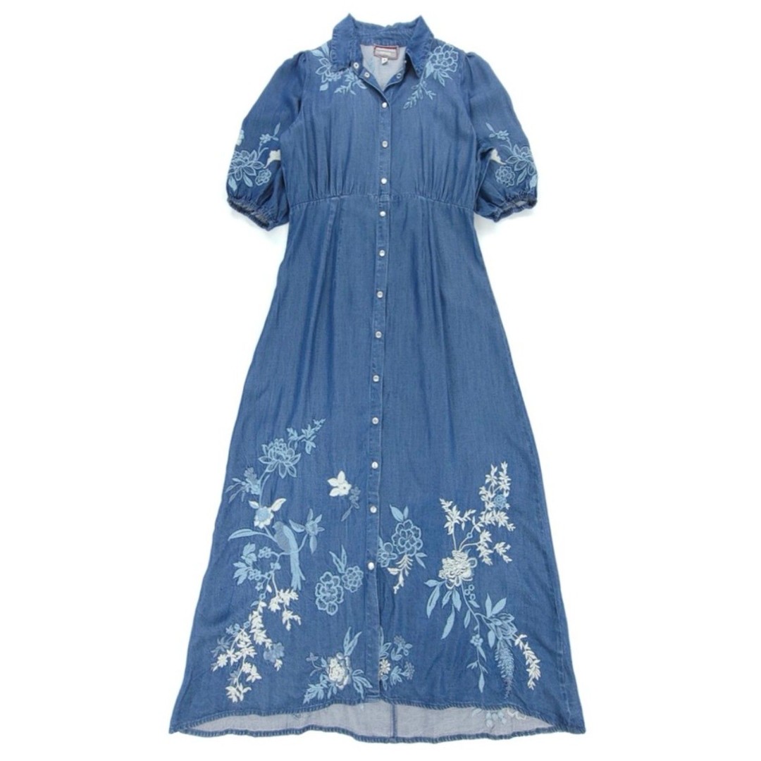 NEW Johnny Was Jacqueline Puff Sleeve Embroidered Western Boho Denim Midi Dress