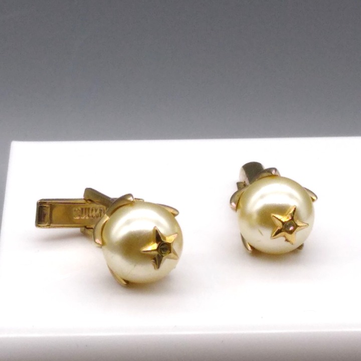 Swank Faux Pearl Mod Earrings, Vintage Gold Tone Celestial Star Studded Sphere