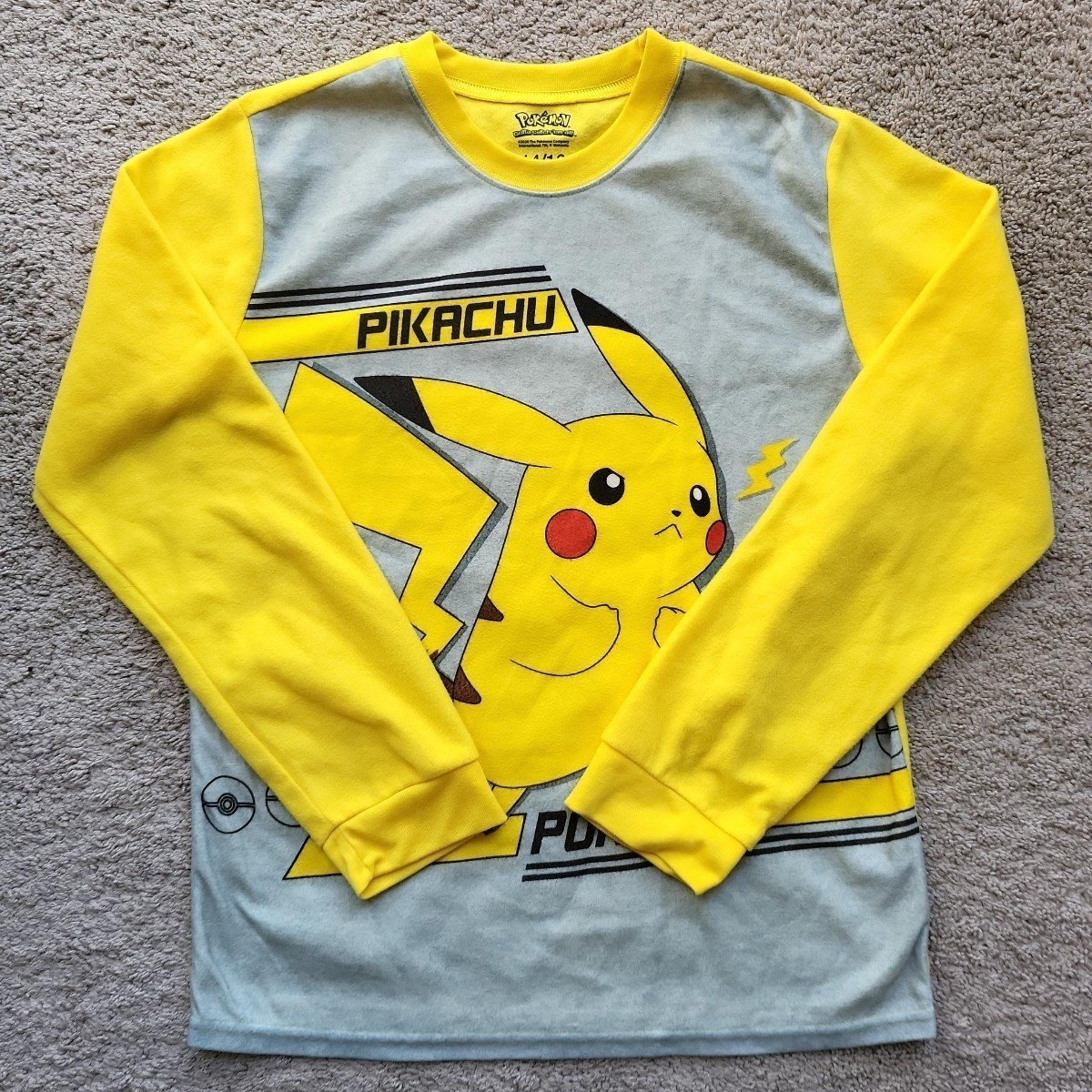 Pokemon Pikachu Fleece Pajama Shirt Boys Yellow Gray Size 14/16 Polyester #0129