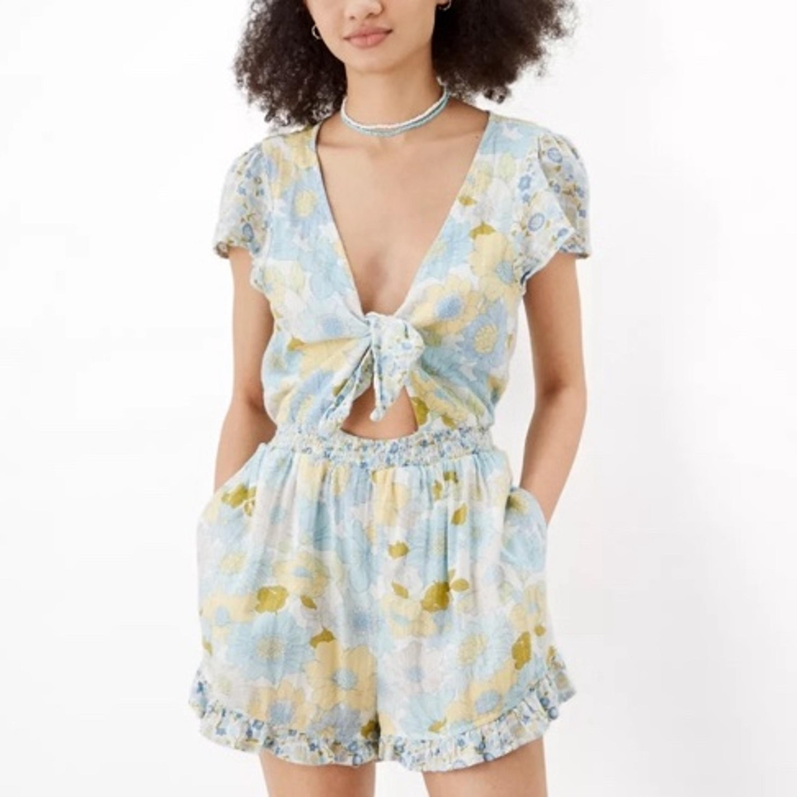 NWT American Eagle Floral Cut-Out Tie-Front Romper Women’s XS Blue Yellow