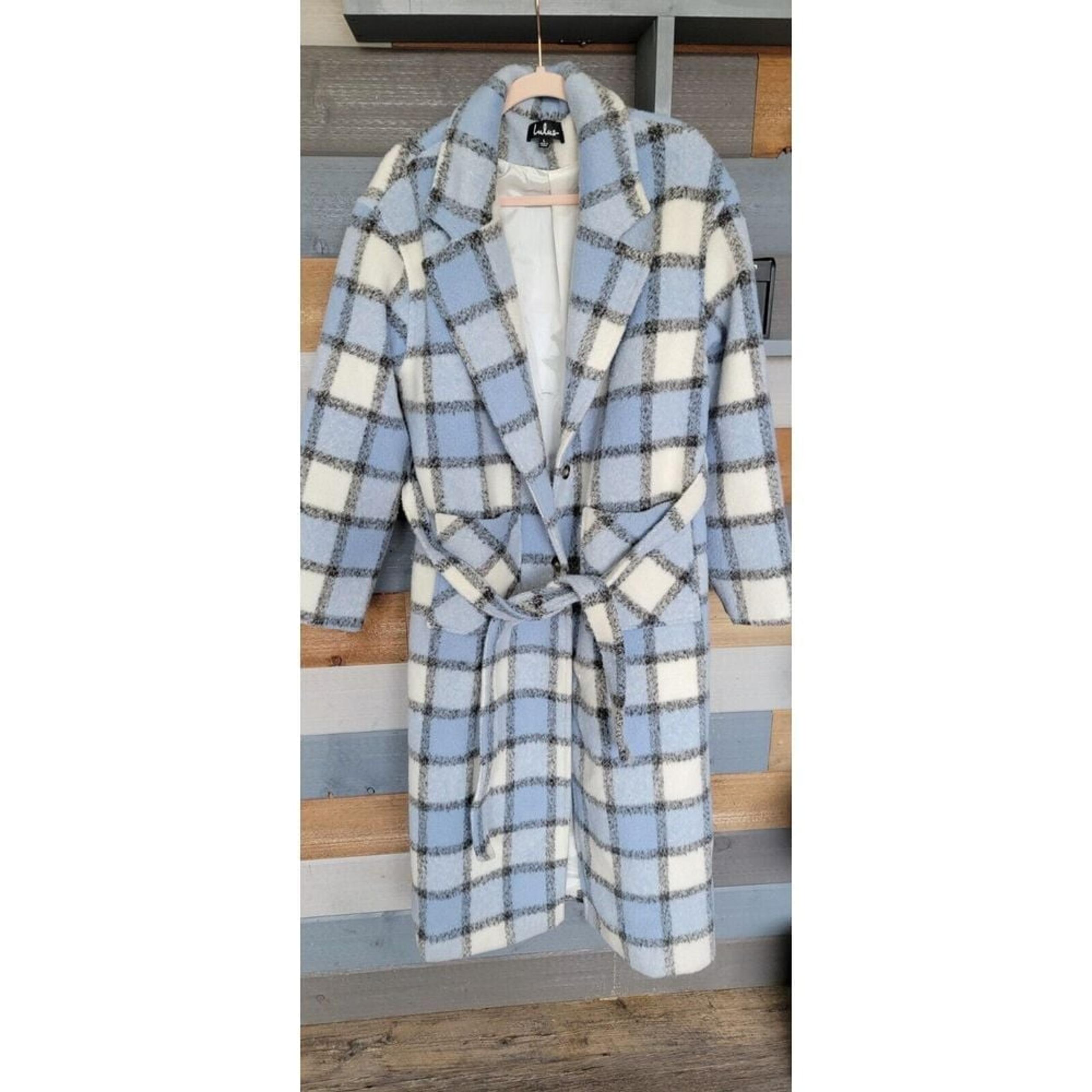 Light Blue Plaid Coat | Womens | Large | 100% Polyester | Lulus
