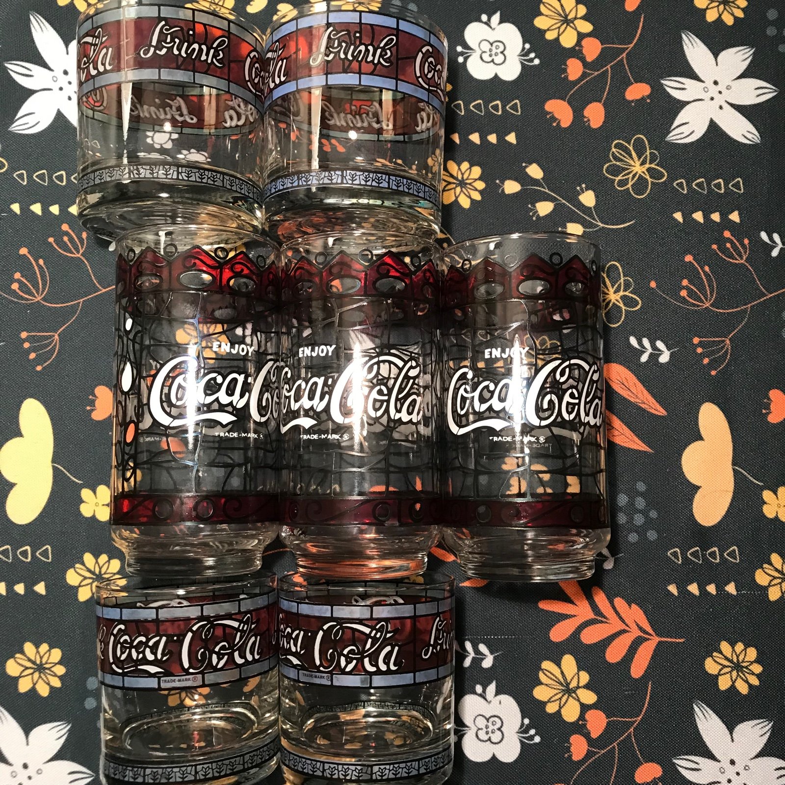 Vintage Set of 7 Coca-Cola Drinking Glasses Tiffany Style Stained Glass