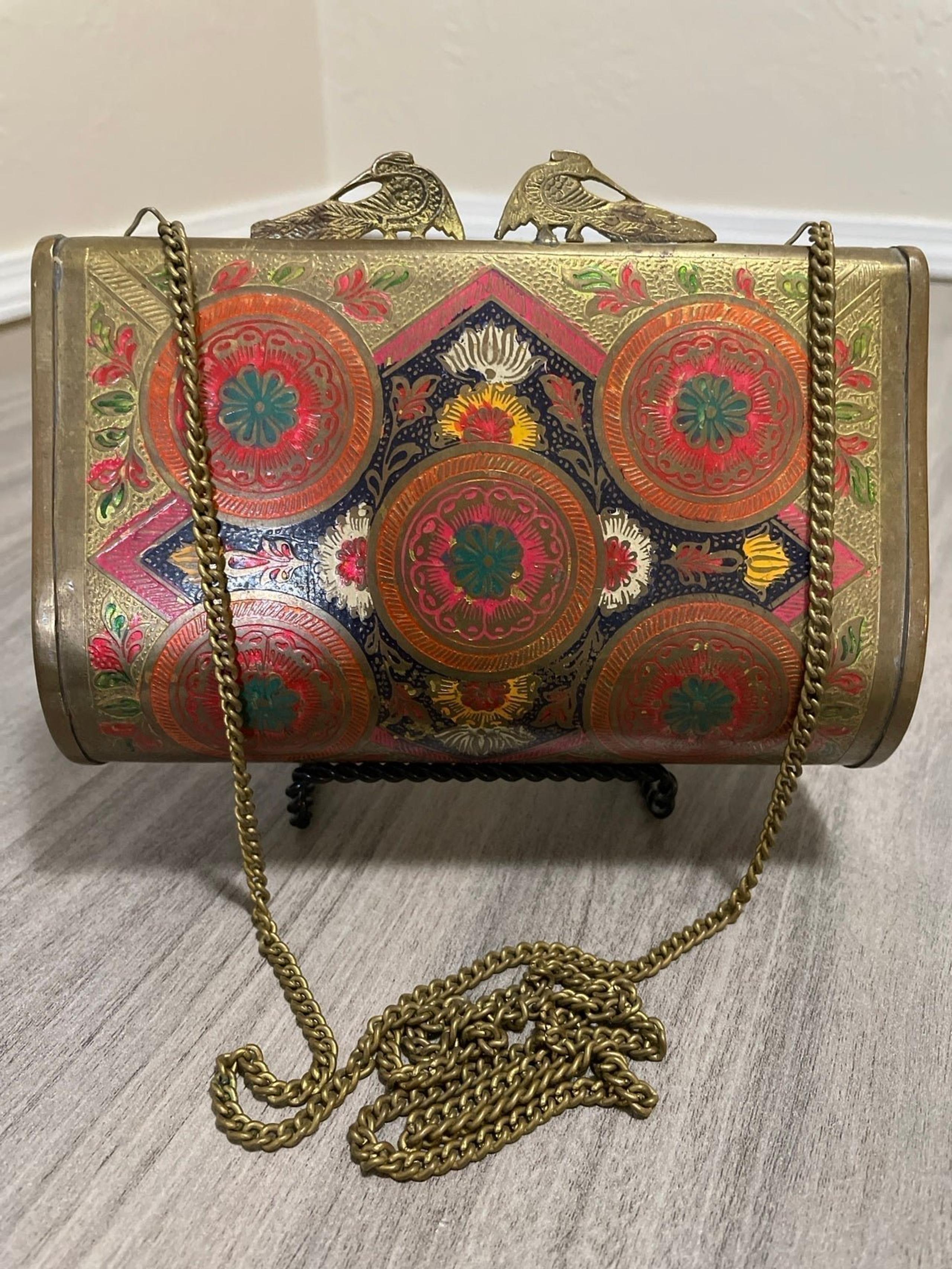 1940’s-50’s Etched and embossed brass clutch purse with brass peacock clasps