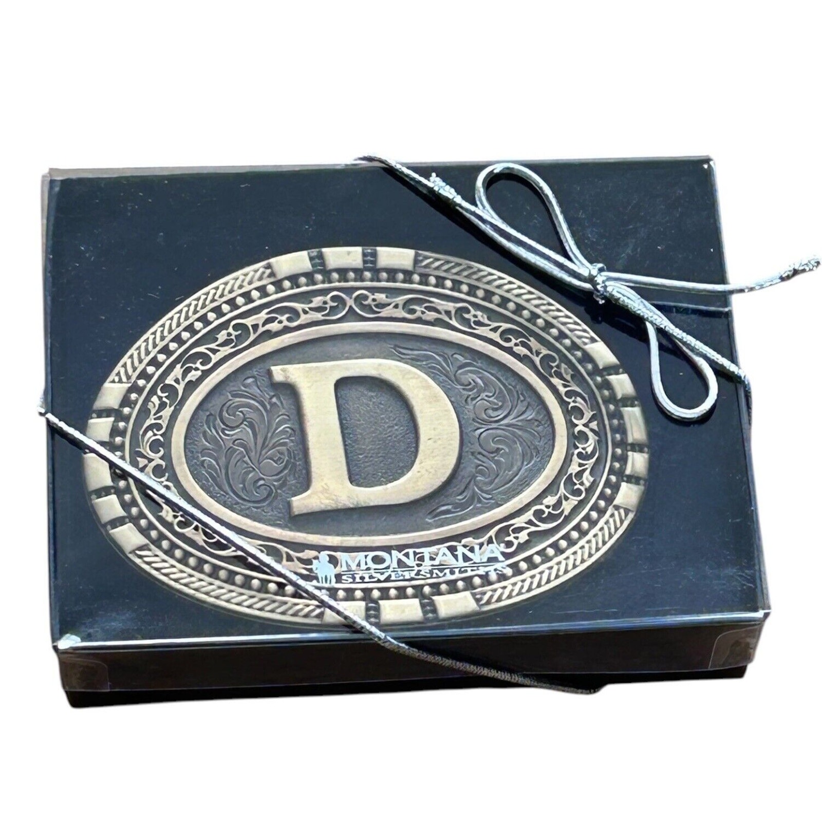 Oval Brass Cast Filigree Initial D Belt Buckle Rope Border Montana Silversmiths