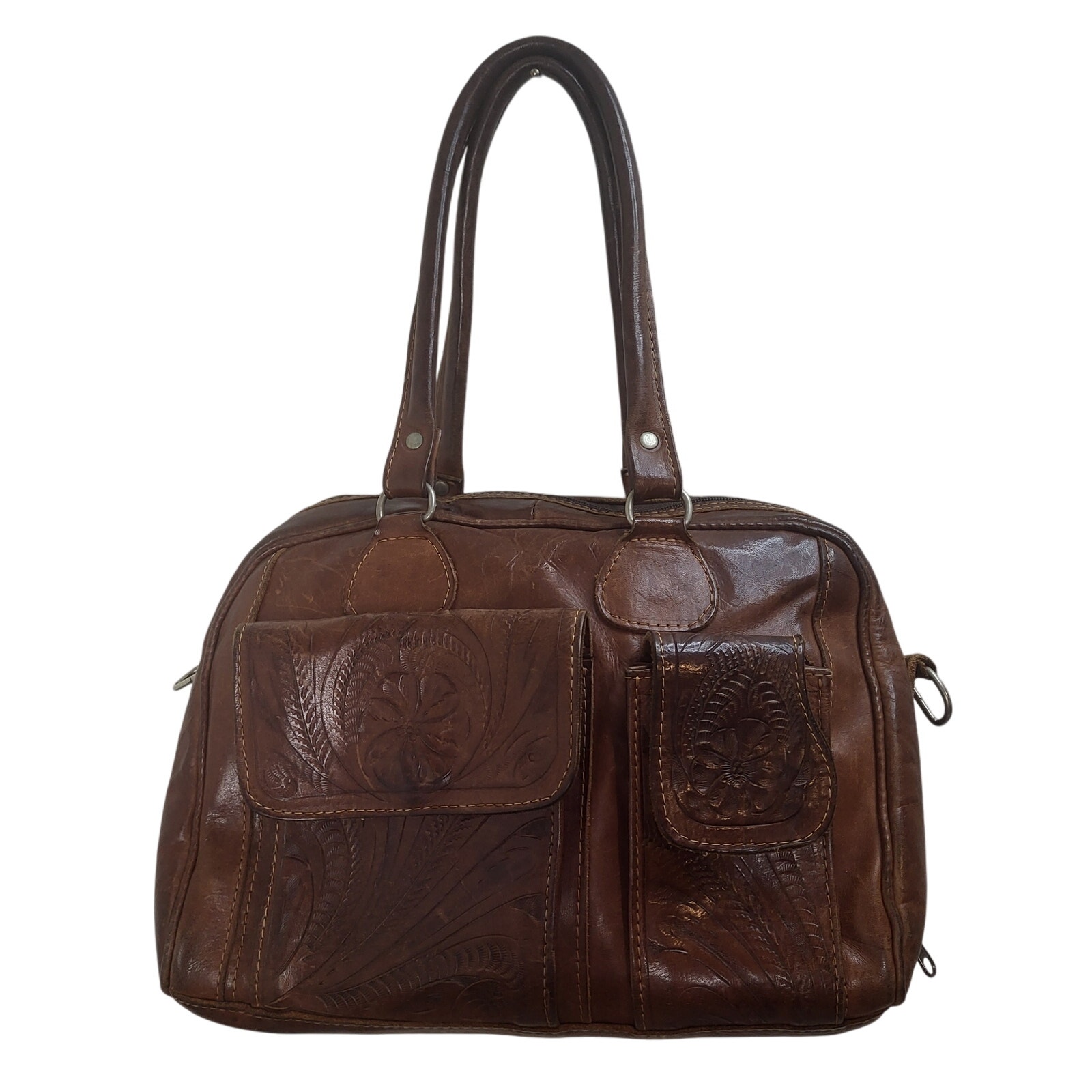Vintage Tooled Brown Leather Purse Doctors Bag Floral w/ Crossbody Strap Boho