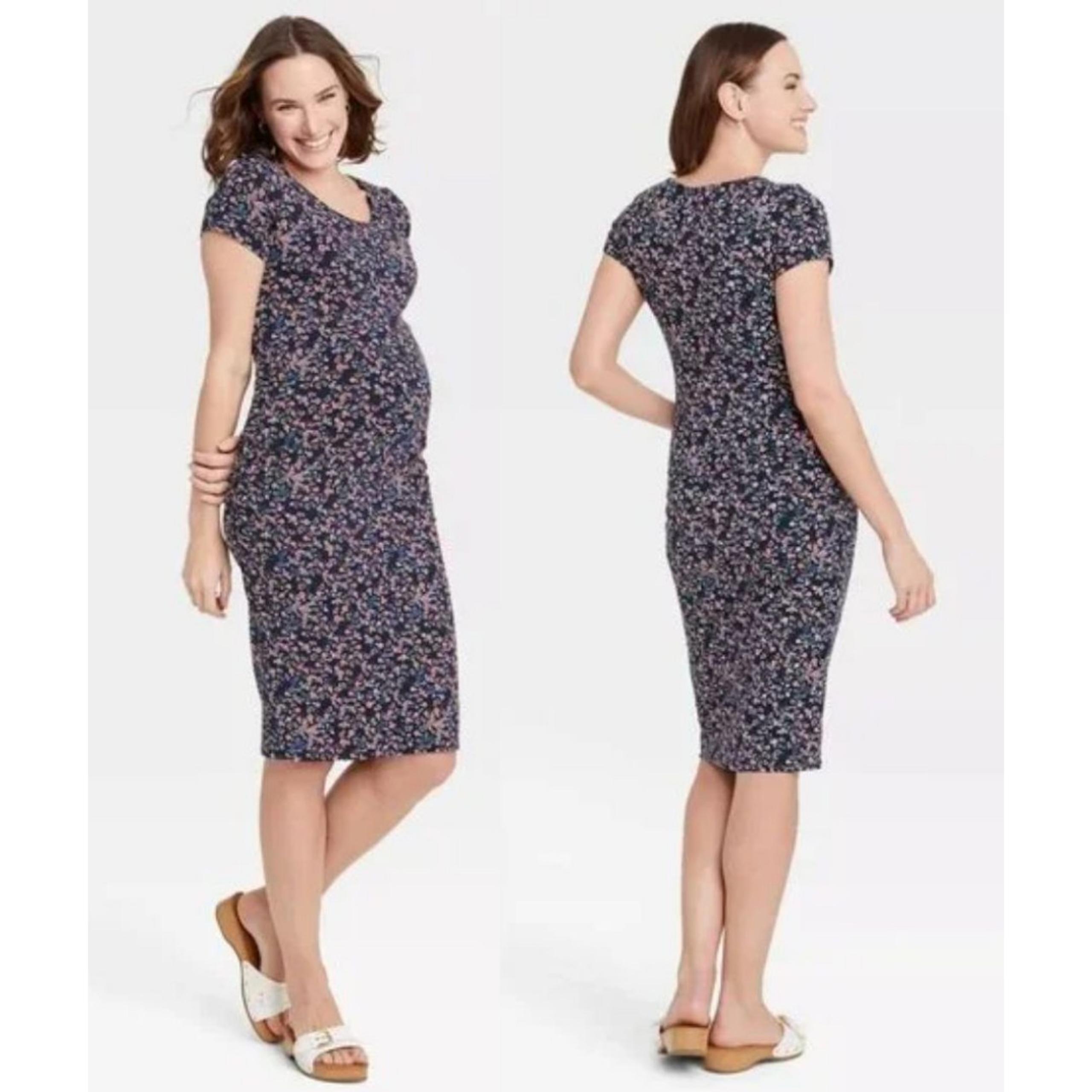 Isabel Maternity Dress by Ingrid & Isabel Floral T-Shirt Fitted Navy Blue MEDIUM
