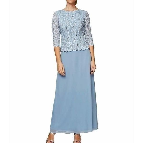 Alex Evenings 3/4 Sleeve Sequined Lace Scalloped Bodice Chiffon Skirted Gown Siz