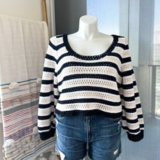 Apiece Apart Black White Striped Open Crochet Knit Slouchy Pullover Sweater XL