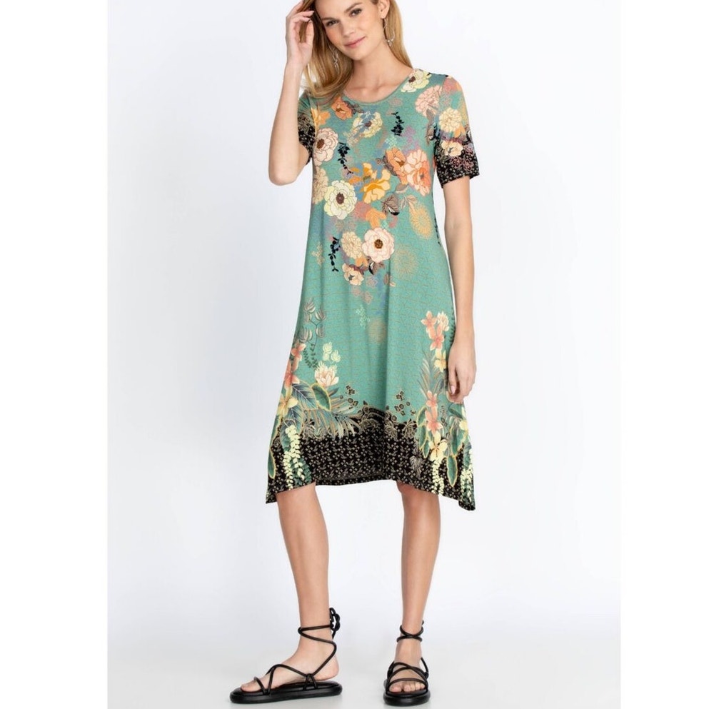 JOHNNY WAS MILLAY BOHO FLORAL PRINT A-LINE SWING SHIFT ASYMM DRESS COLORFUL L
