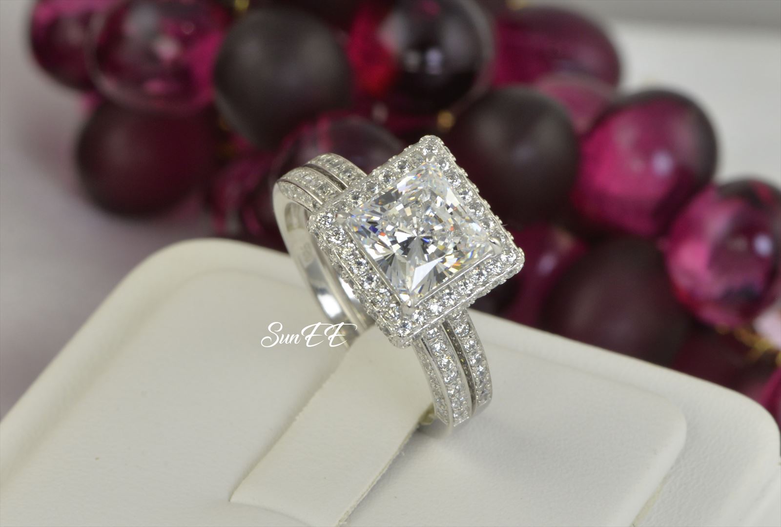 New Real 925 Sterling Silver Halo Princess Cut Wedding Band Engagement Ring 8