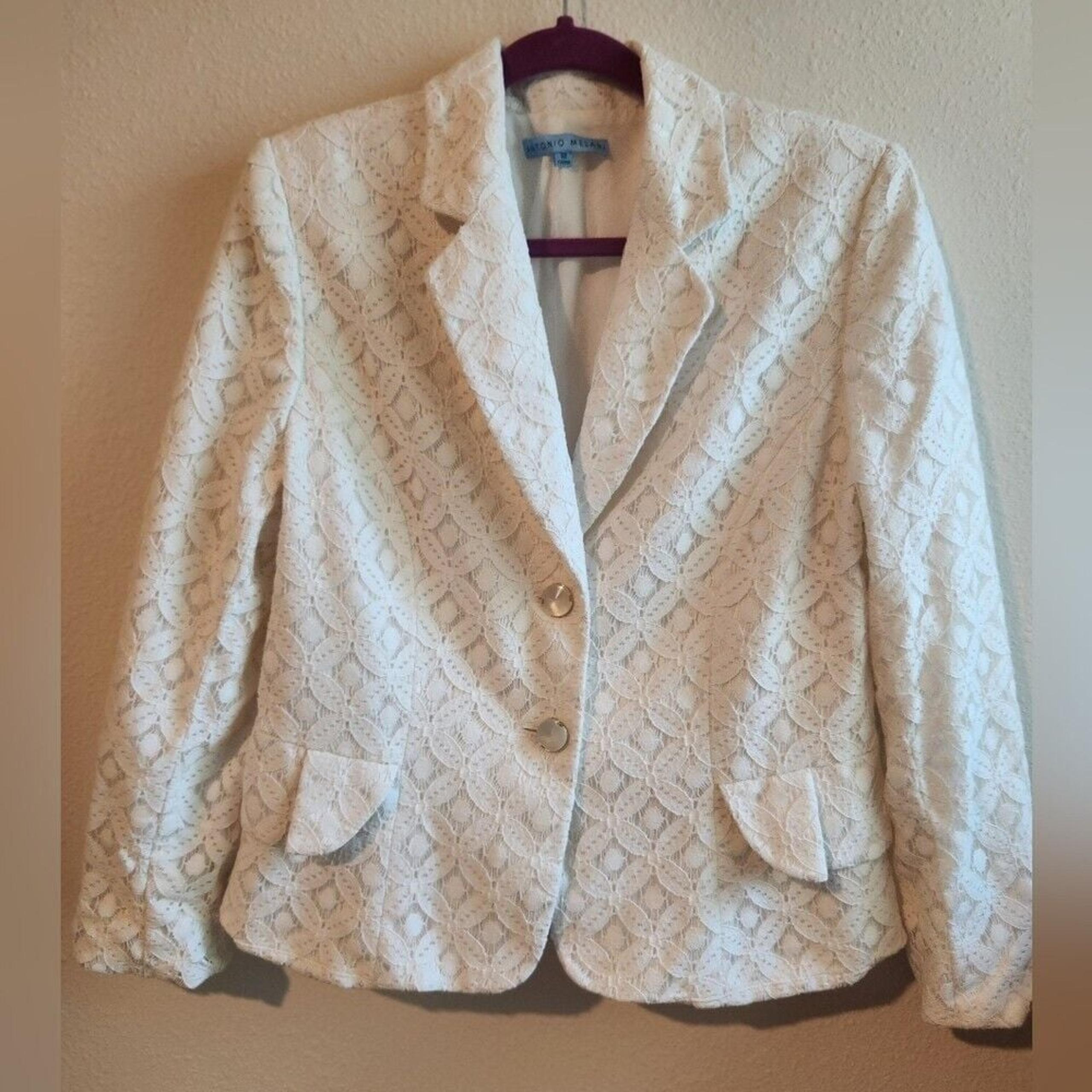 Antonio Melani White Lace Overlay Blazer Jacket Peplum Ruffle Tiered 12 Preppy