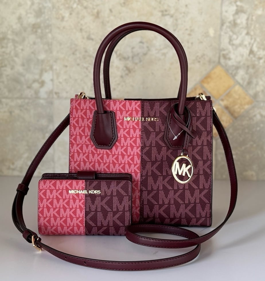 Michael Kors Mercer MD Satchel Crossbody Bag + Wallet MK Oxblood Multi