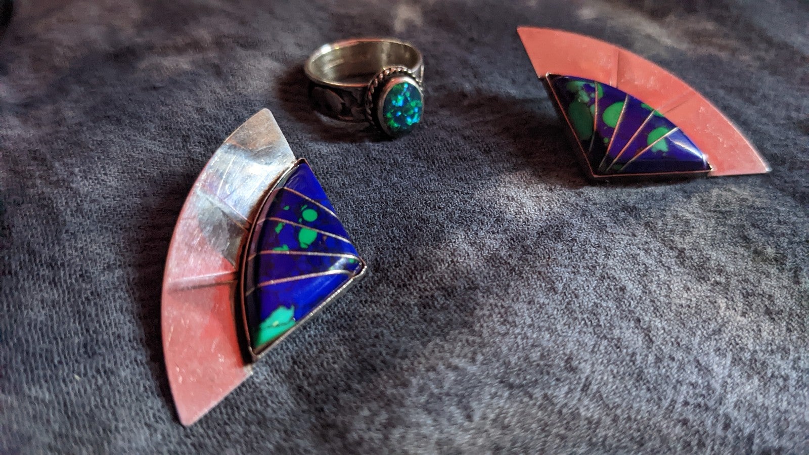 Stunning native American jewelry lot, lapis + malachite & opal, sterling