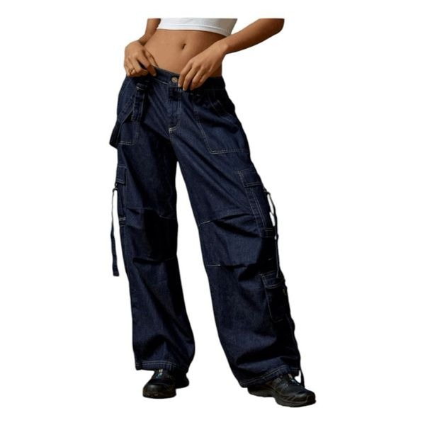 BDG Strappy Balloon Cargo Jeans Blue Dark Wash Denim Mid-Rise Metal Buckle 26