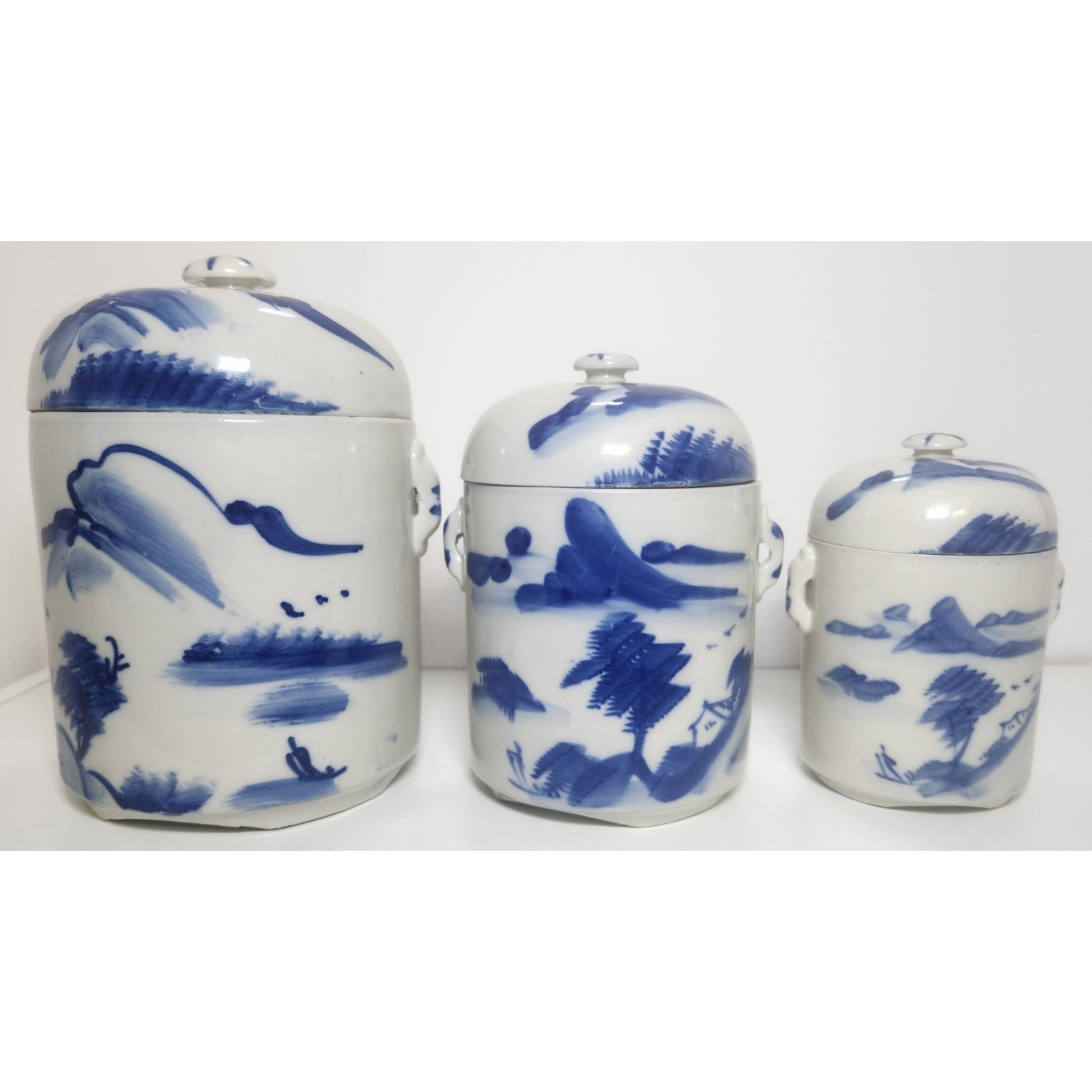 Chinese Celadon Blue & White Tea Caddies Set Of 3