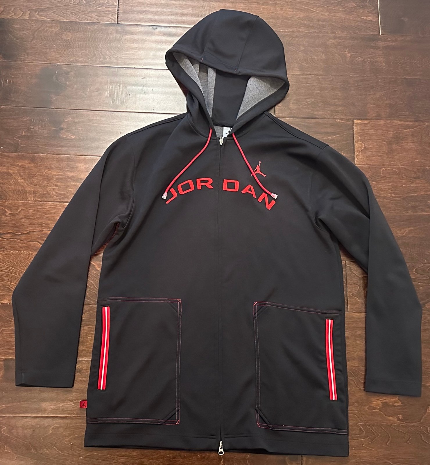Vintage Men’s Jordan Spell-out Black/Red Full Zip Fleece Hooded Jacket- Size XL