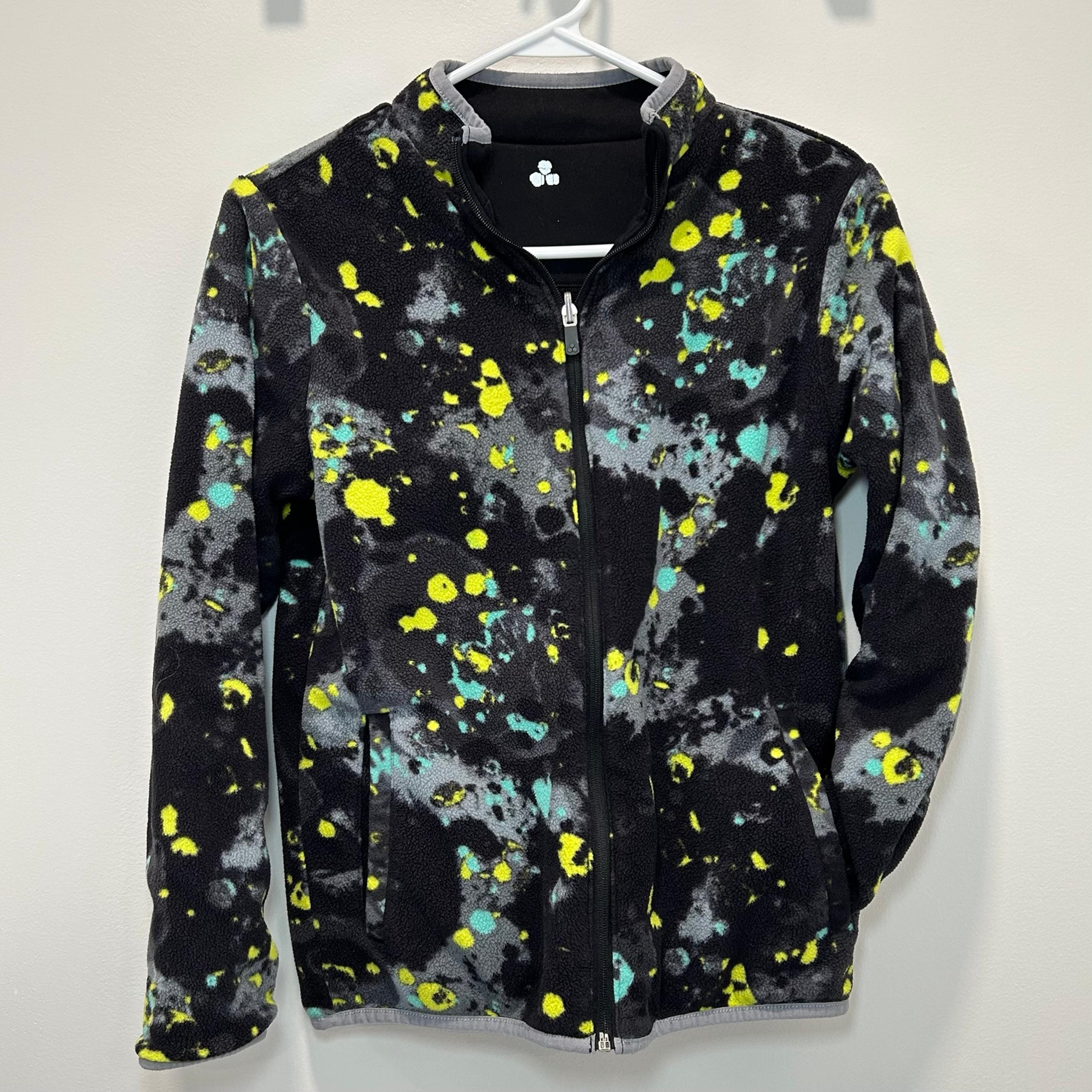 Tek Gear Boys Jacket Size L 14/16 Reversible Black Fleece Colorful Print Pockets