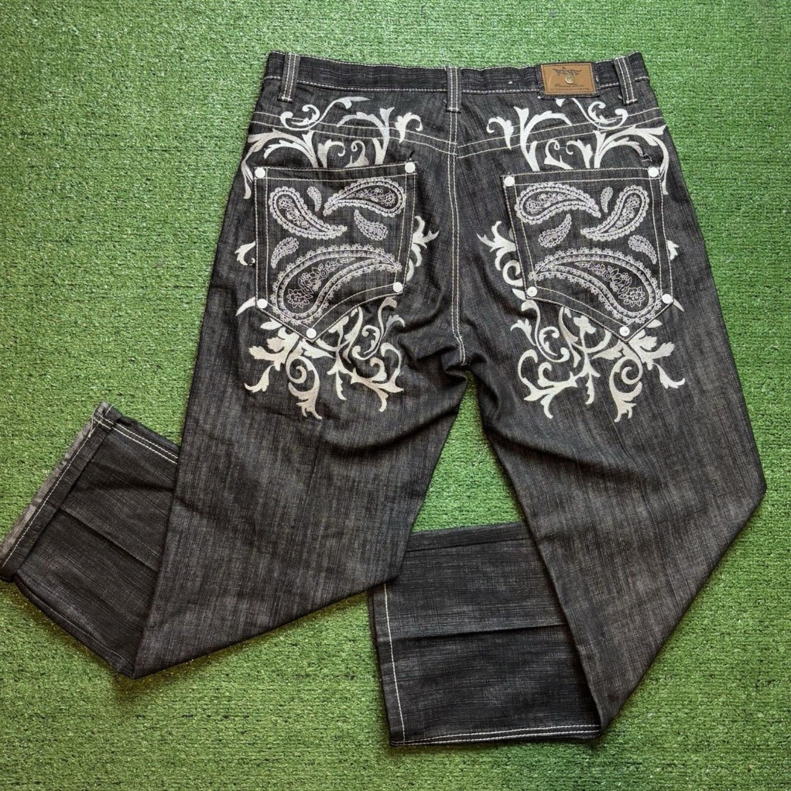 Reve black and white bandana print denim Jeans Size W 38 L 32 baggy Vintage Pant