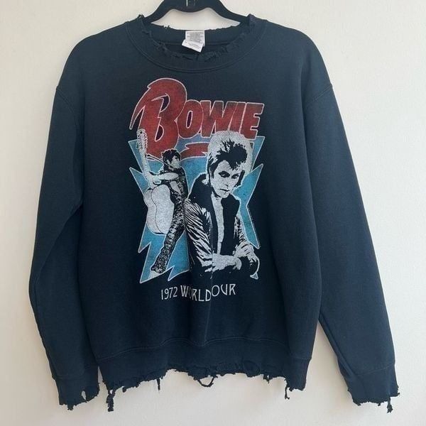 Gildan Mens Sweatshirt Long Sleeve David Bowie Distressed Print Black Size Small