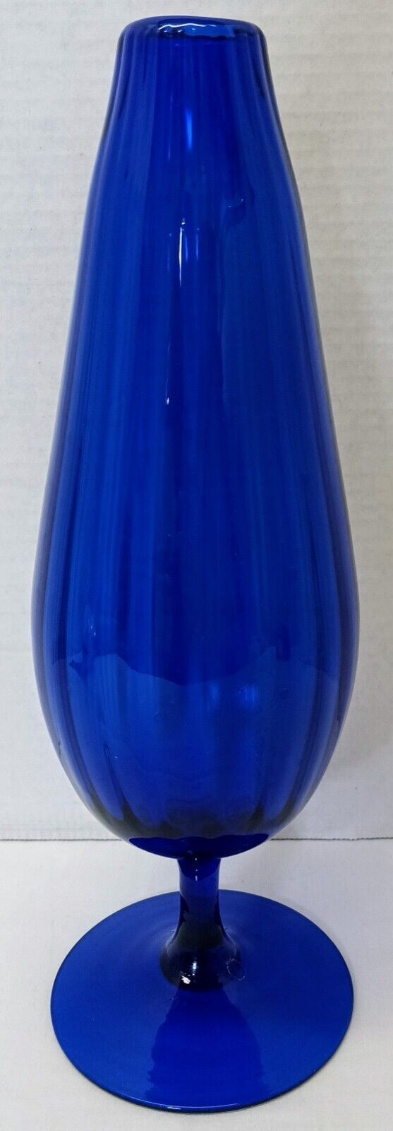 Vintage MCM Empoli Cobalt Blue Optic Ribbed Vase Pedestal Stem 12 3/4” Tall Ni