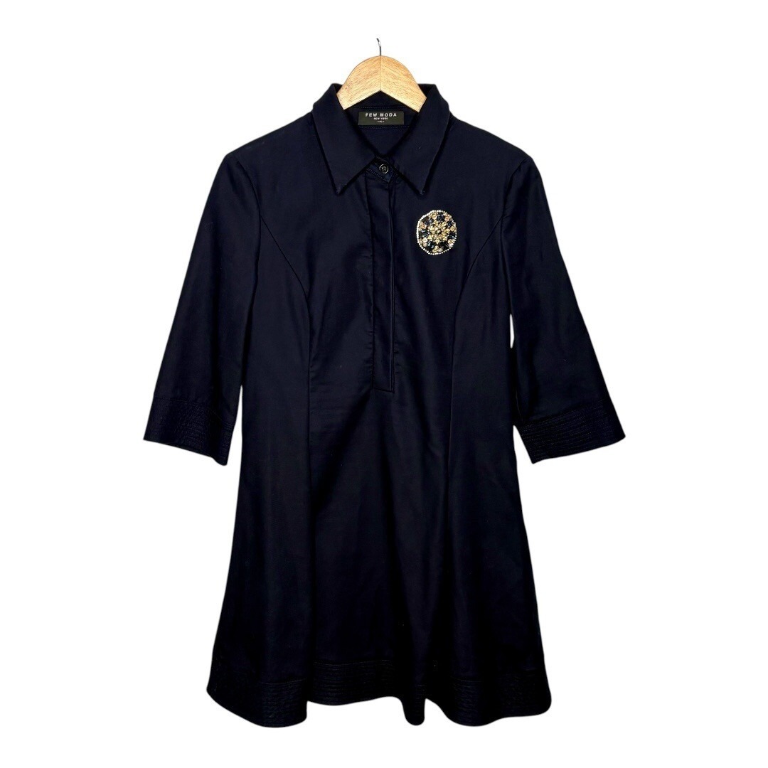 FEW MODA Shirt Dress Embellished Jewel Button Down 3/4 Sleeve Navy Women Size XL