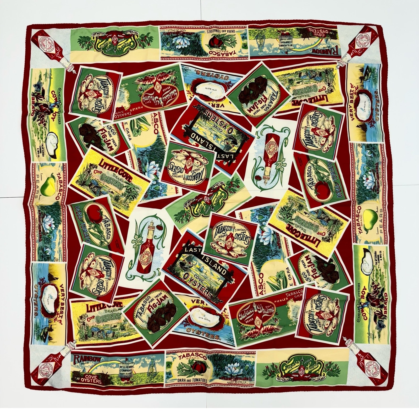 TABASCO Silk Hot Sauce Novelty Print Food Multicolor Scarf Vintage Made in Korea