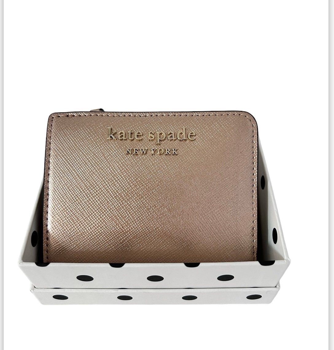 Kate Spade Zip Bifold Metallic Saffiano rose gold Cameron Wallet with gift box .