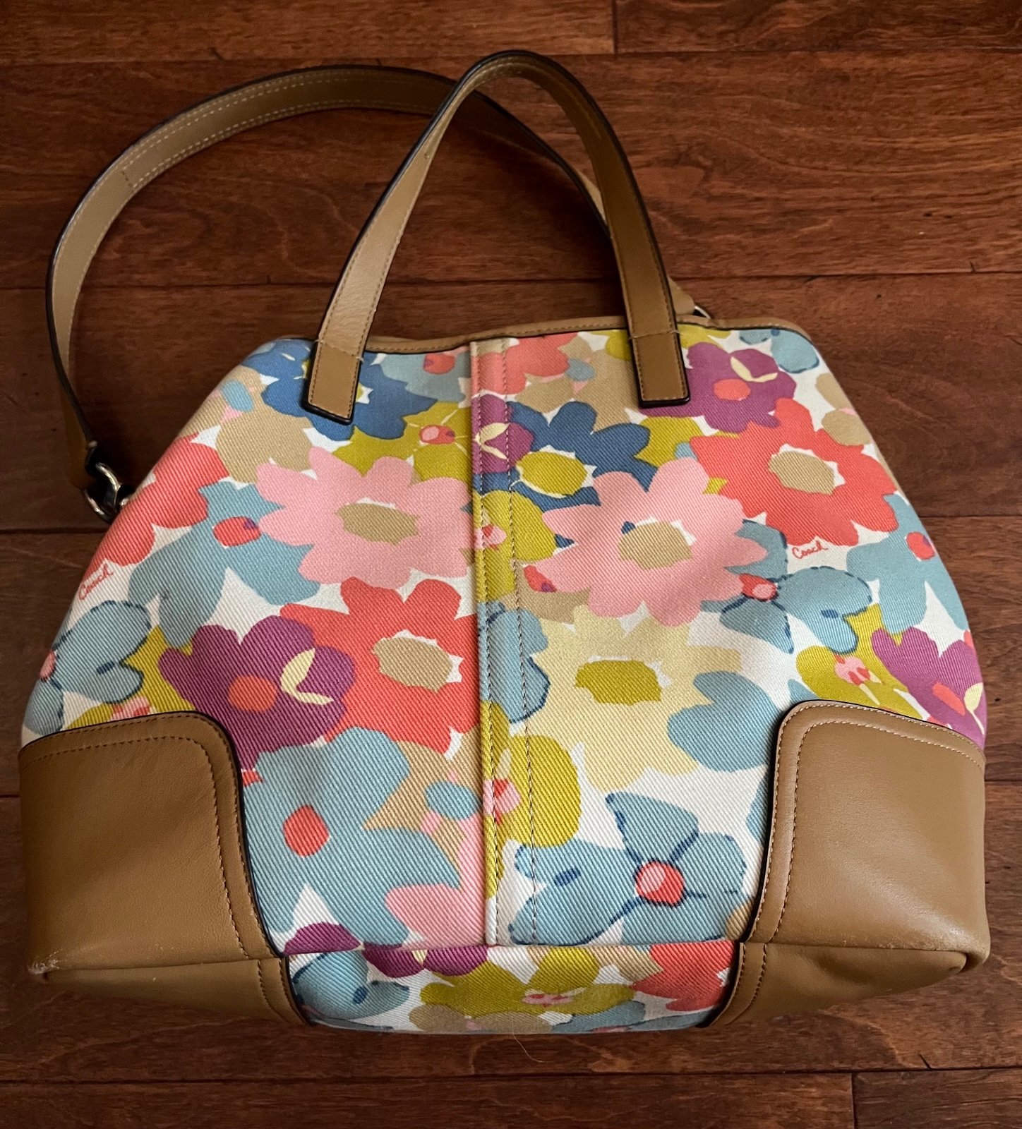 Coach multicolor floral bag with tan trim