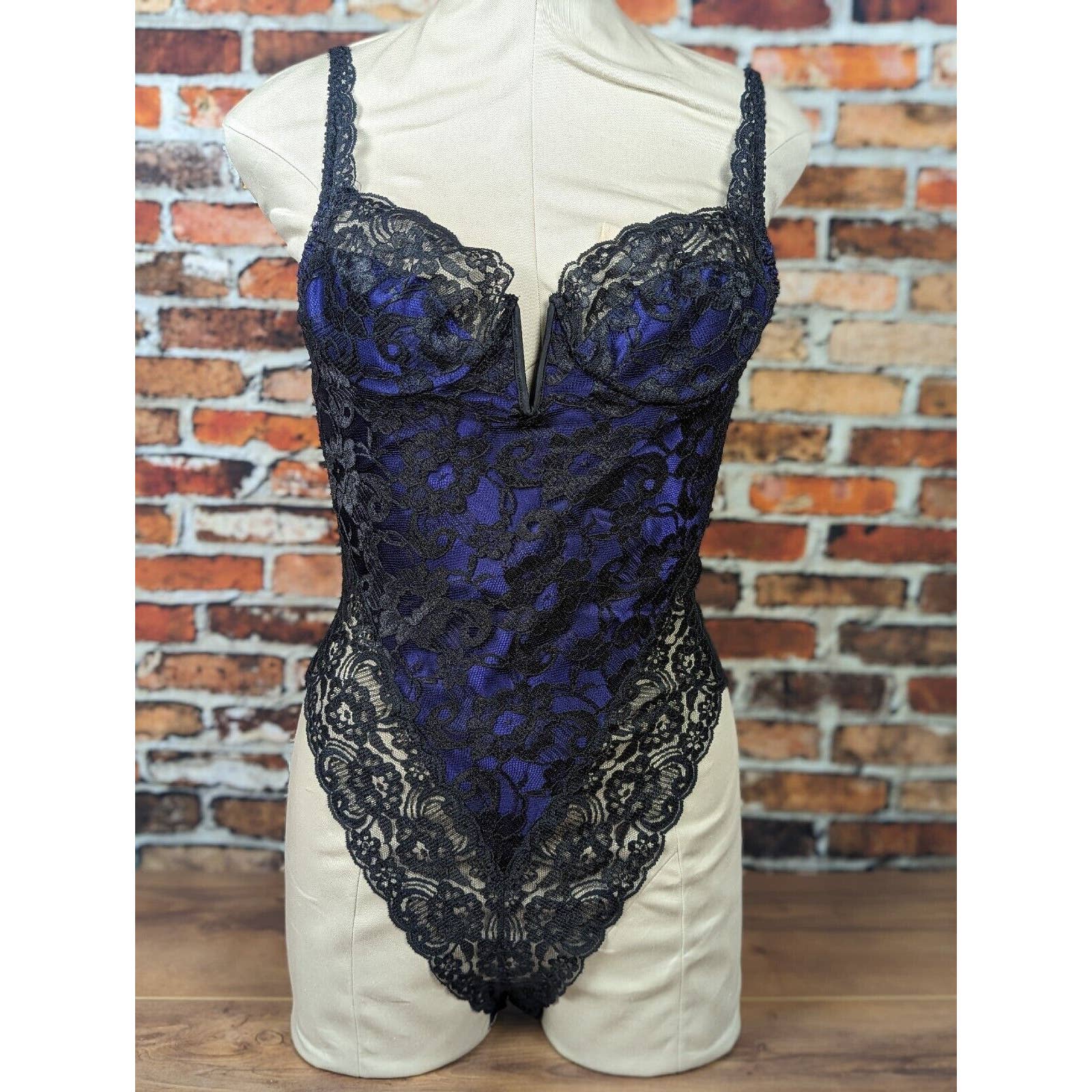 Vintage 80s 90s Victoria's Secret Gold Label Teddy Black Purple M Lace & Satin