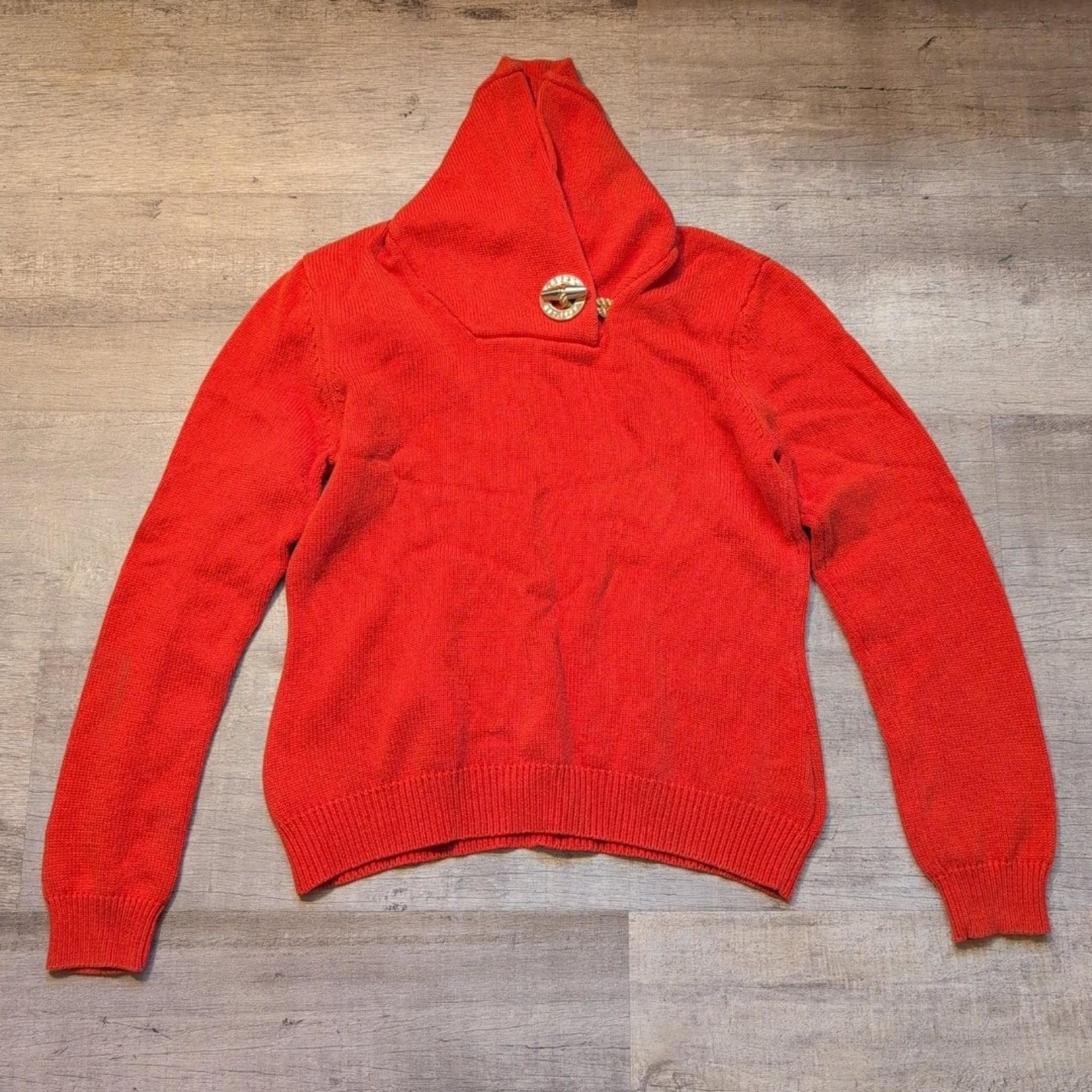 Lauren Ralph Lauren Womens Sweater Shawl Collar Cotton Knit Metal Clasp Orange S