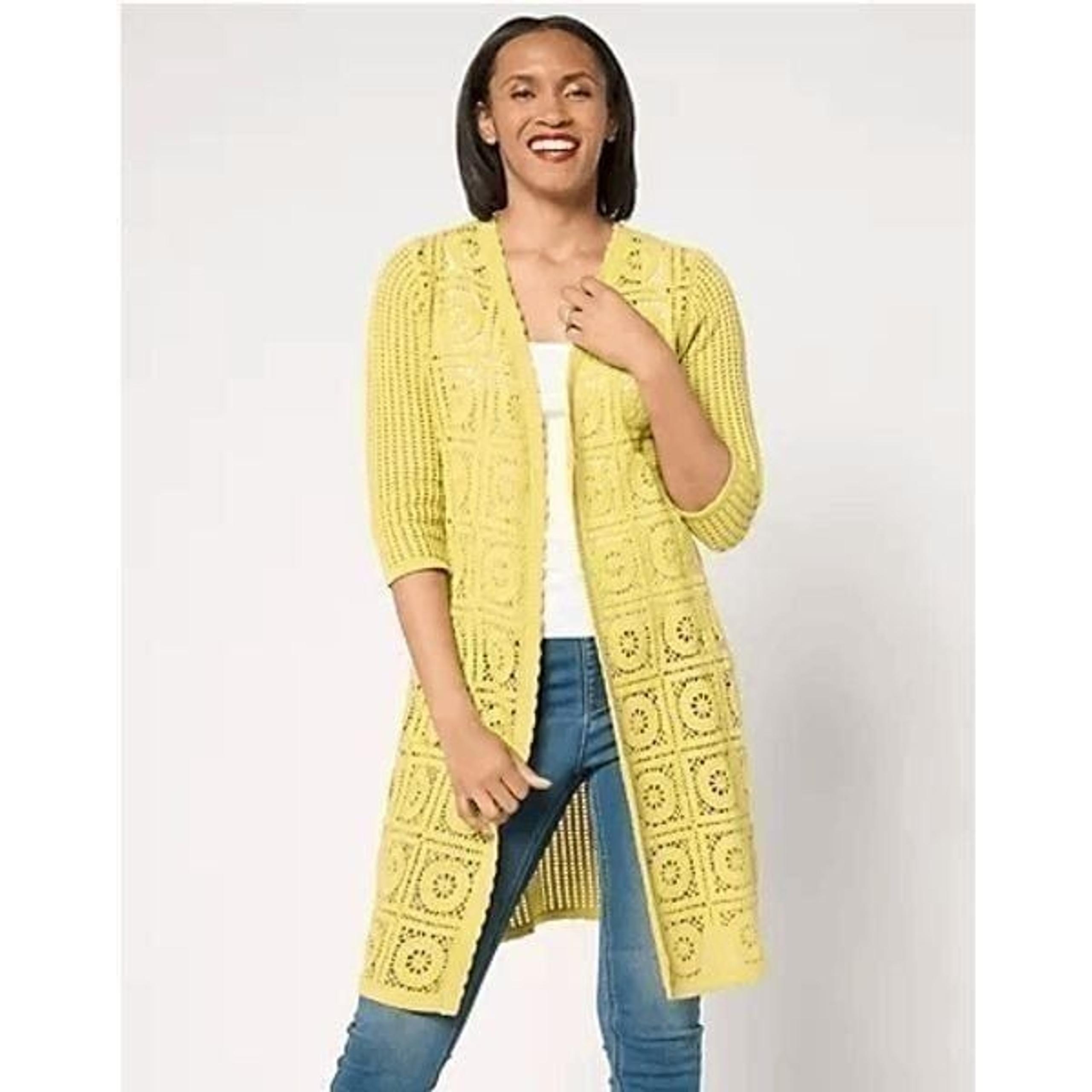 Joan Rivers Womens 2X Open Front Ribbed Long Crochet Duster Sweater	Citron NWOT)