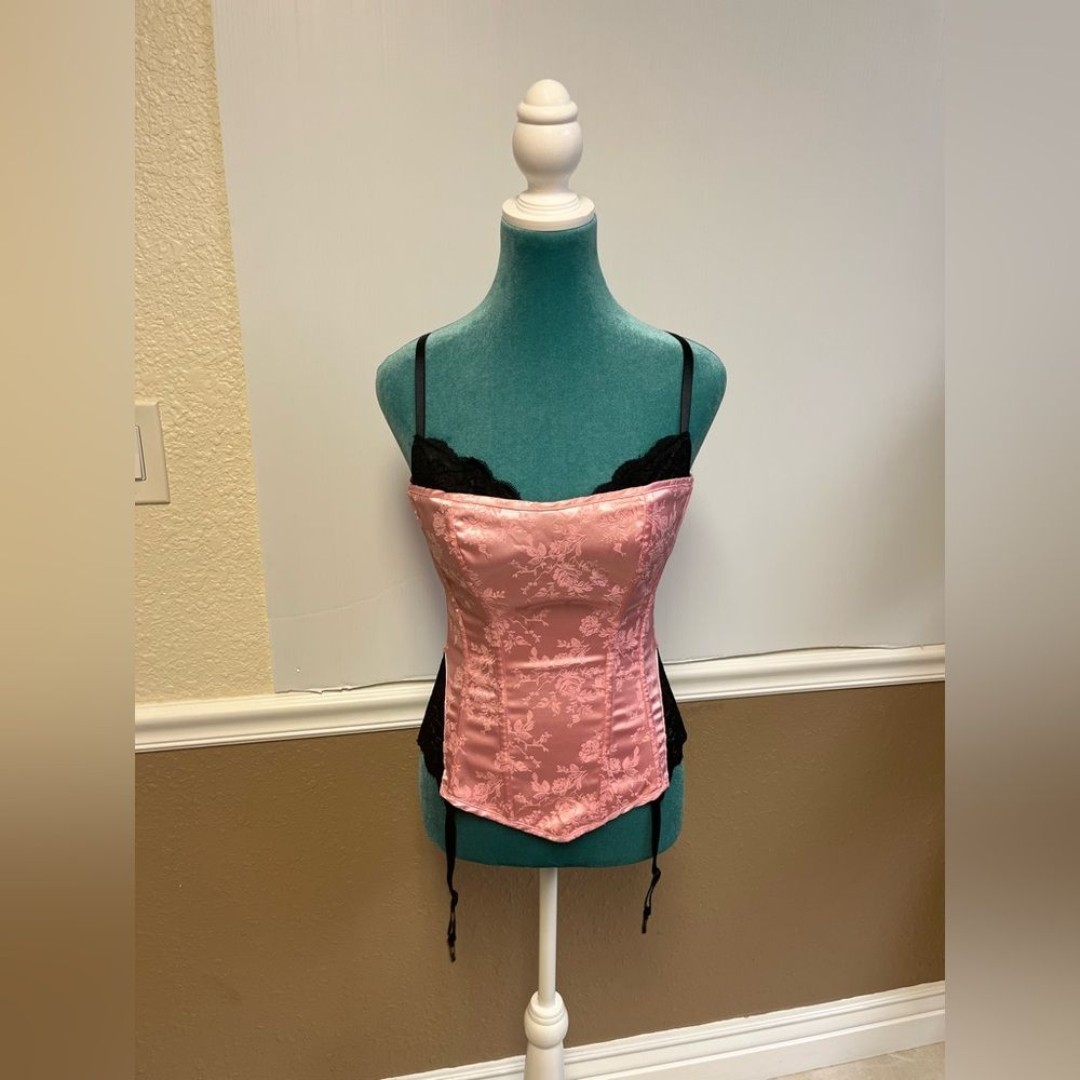 Y2K Frederick’s of Hollywood Pink & Black Lace Bustier Corset – Size 32