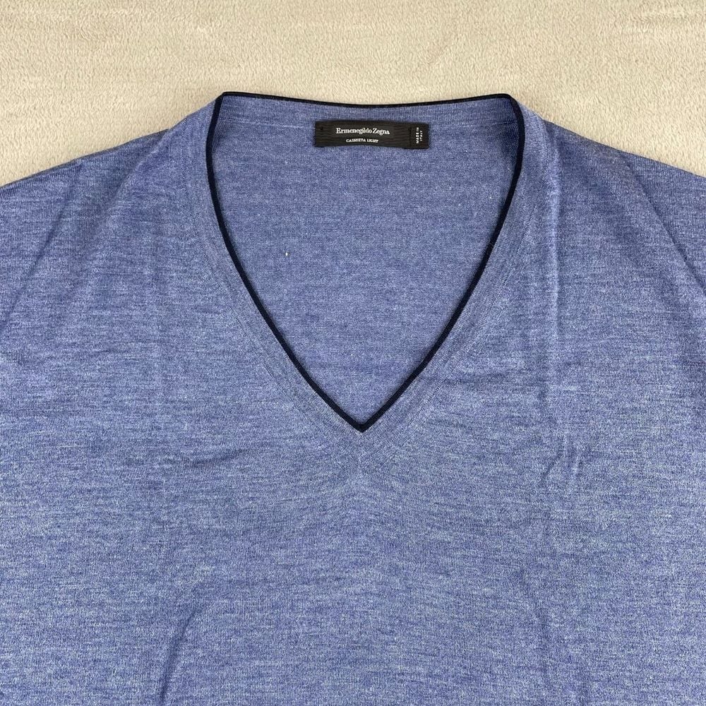 Ermenegildo Zegna Cashseta Light V Neck Sweater Men 4XL Blue Cashmere Silk 1390