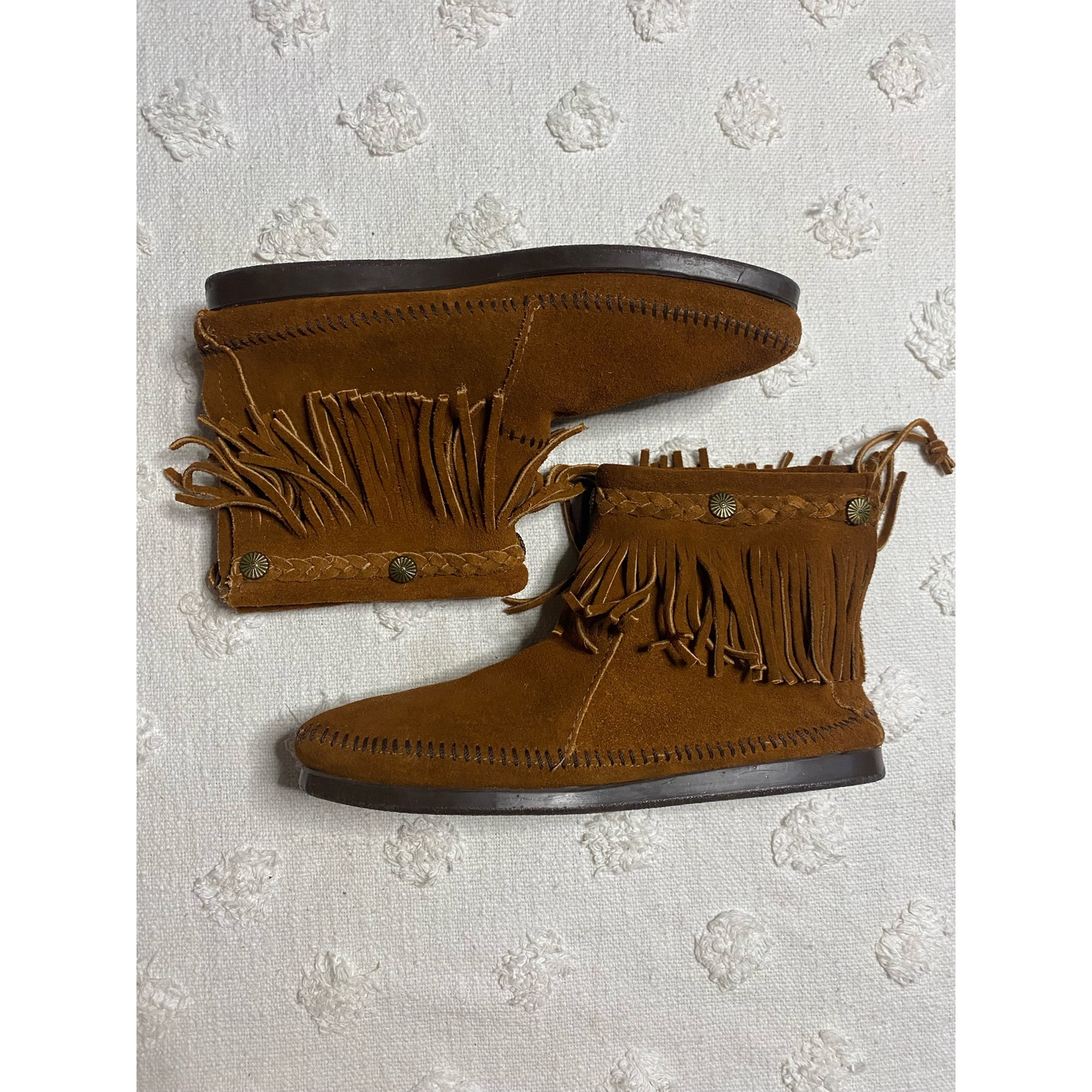 Vintage Minnetonka Brown Fringe Leather Suede Moccasin Ankle Boots Shoes Size 9