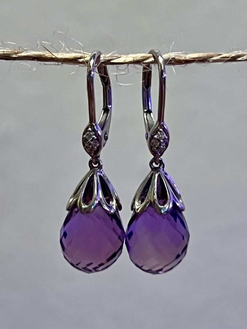 14K White Gold, Diamond, and Purple Gemstone Briolette Earrings