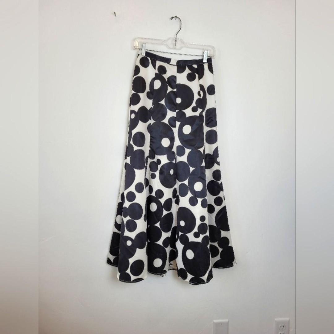 Venus A-Line Skirt Full Polka Dot Abstract Retro Pin Up Black White Satin Size 2