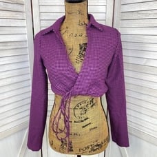 Zara Houndstooth Cropped Polo Top Purple Black Small Long Sleeve Deep V-neck