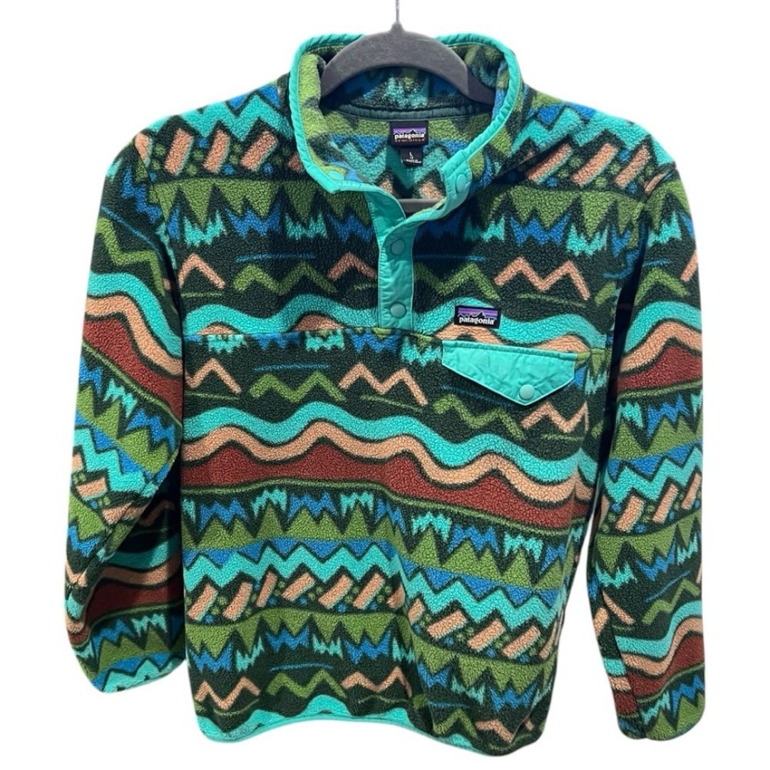 Patagonia Kids' Lightweight Synchilla Snap-T Pullover Lofoten Geo Fresh Teal L