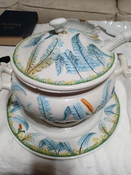 Large Vintage Blue, Green, & white Soup Tureen w/Lid, plate, & ladle & 2 handles