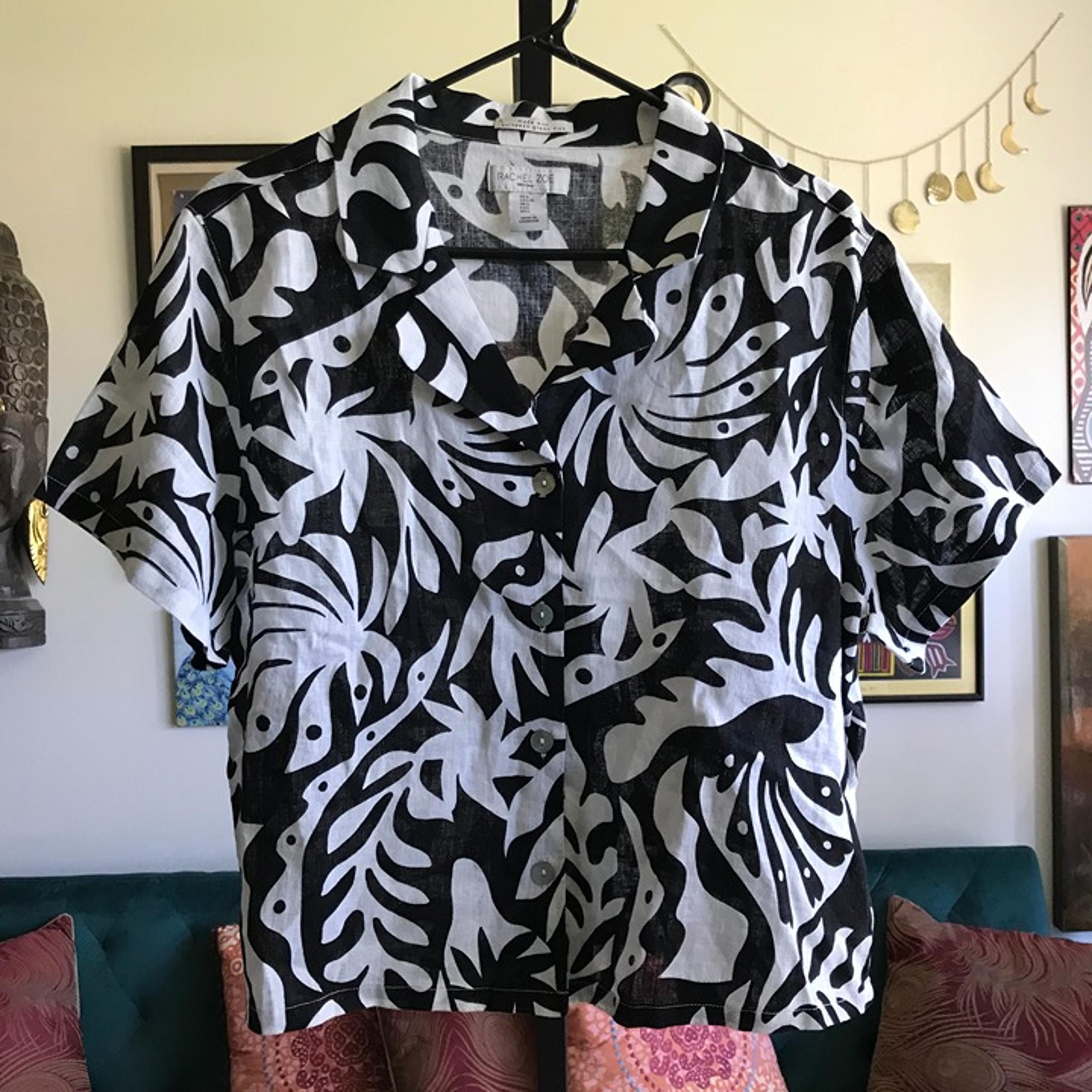 RACHEL ZOE size L Black & White Leaf Print European Grown Flax Linen Boxy Top