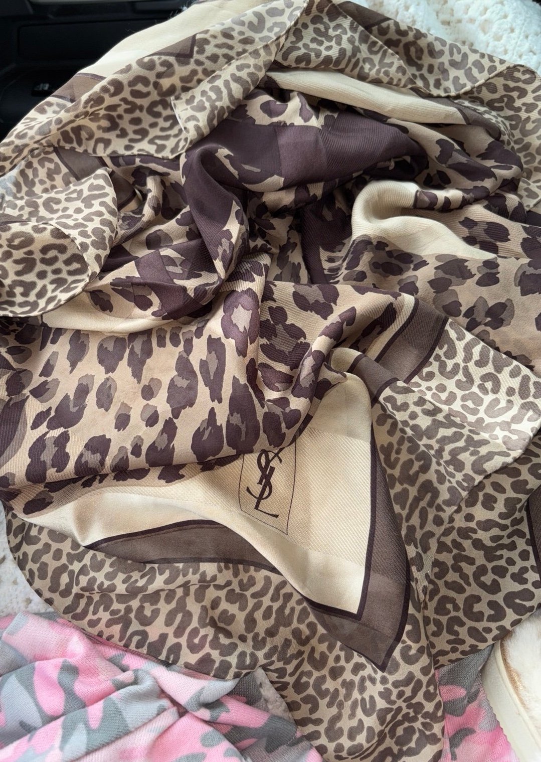 YSL lettered leopard print scarf