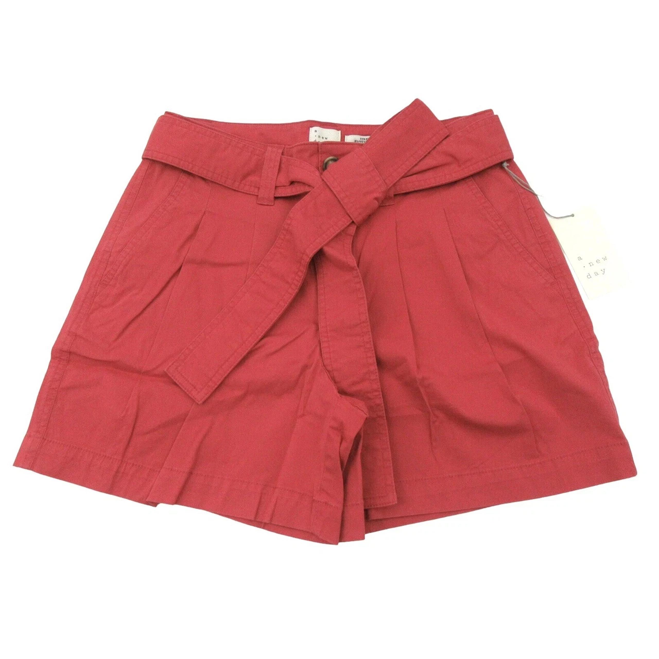 A New Day Womens Size 2 Pleated Chino Shorts Tie Waist Stretch Pockets Red