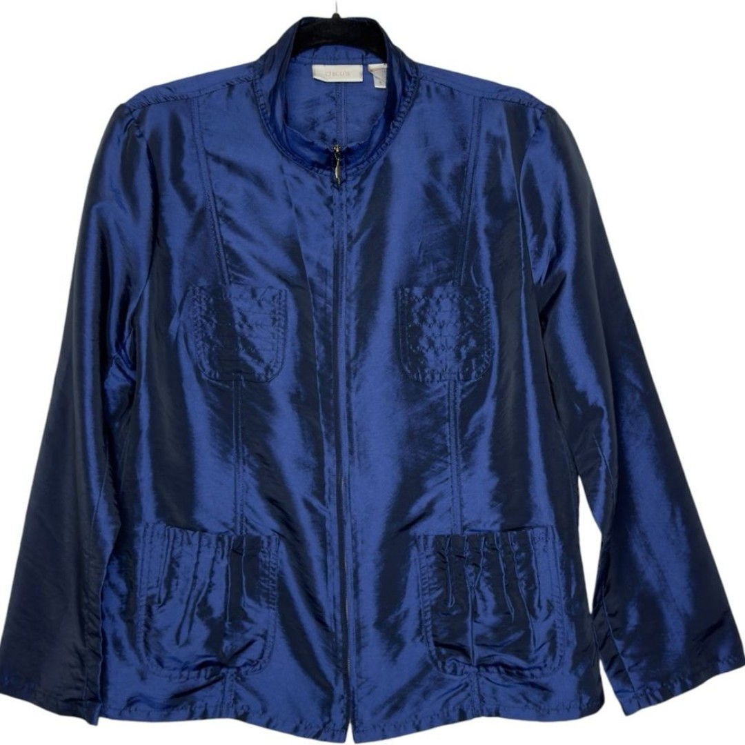 Chico's Lightweight Navy Iridescent Jacket Pleated Pocket Zip Front - Size Large