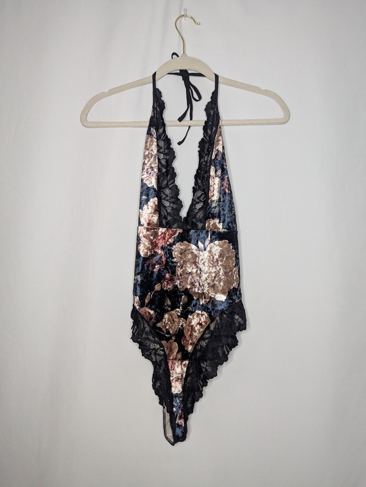 Unbranded Women's Floral Print Lace Trim Velvet Halter Bodysuit Size 1X