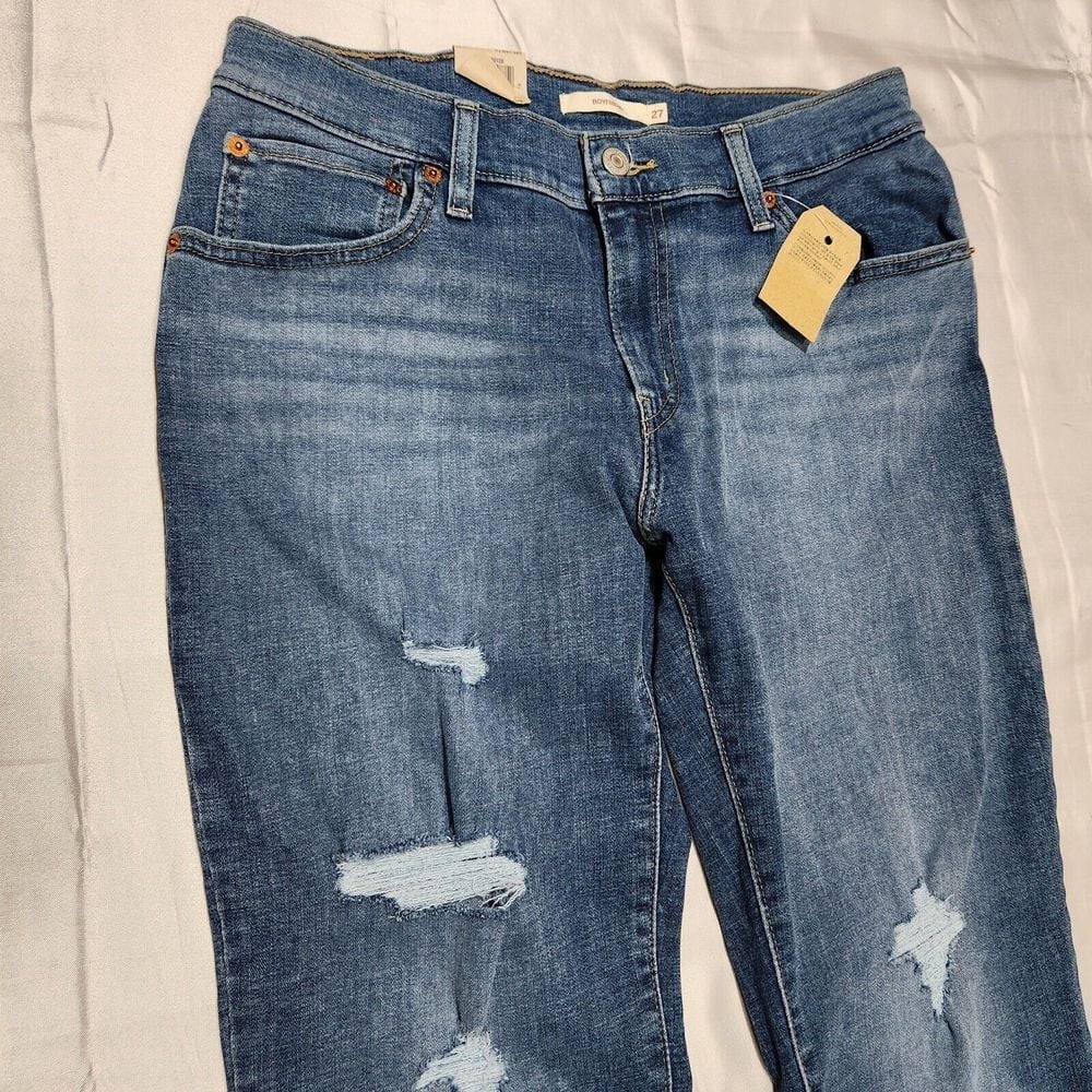 Levis Boyfriend Fit Jeans Women 27x27 Relaxed Taper Mid Rise Mom Distress Blue