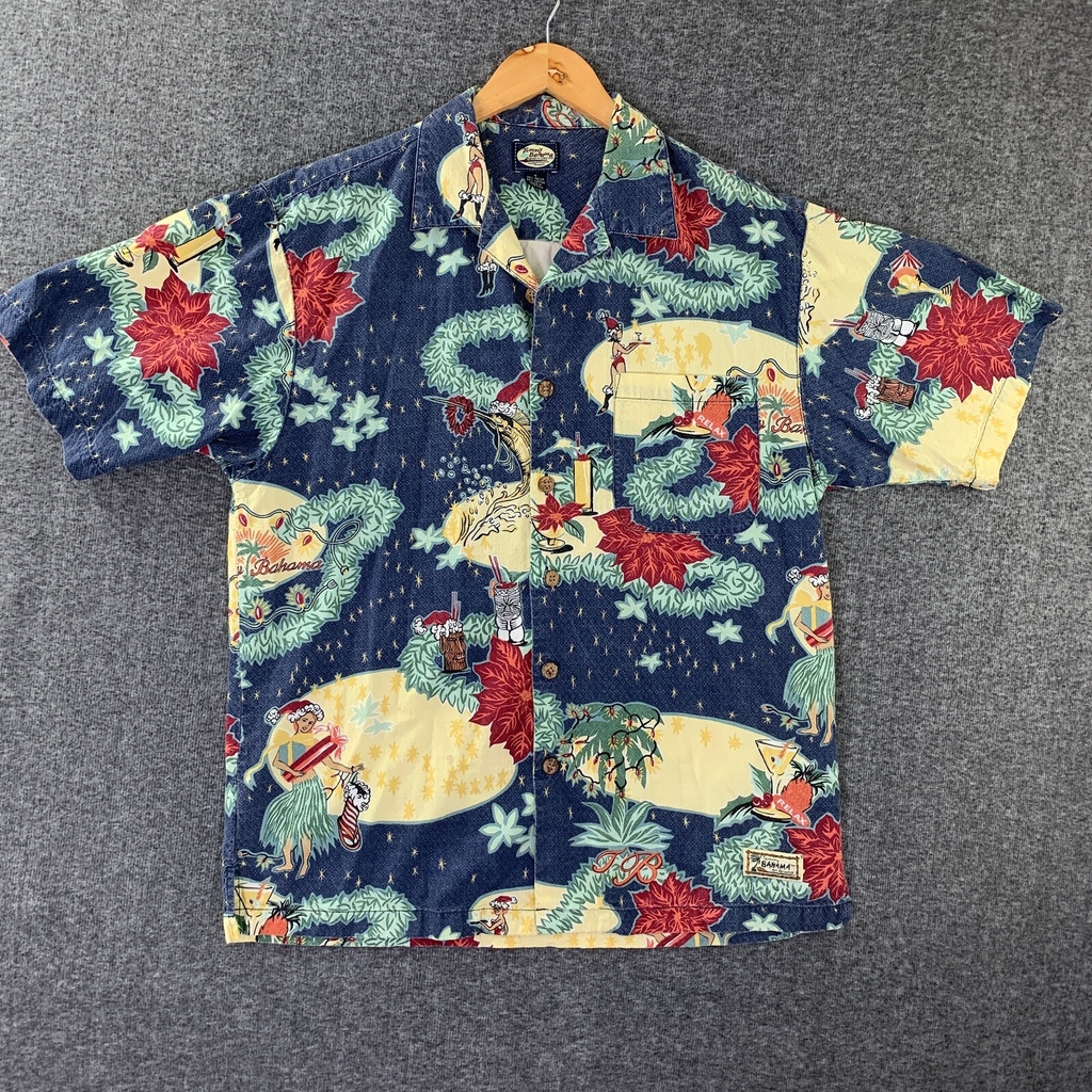 Tommy Bahama Hawaiian Shirt Men Medium Christmas Santa Fish Aloha Floral VTG