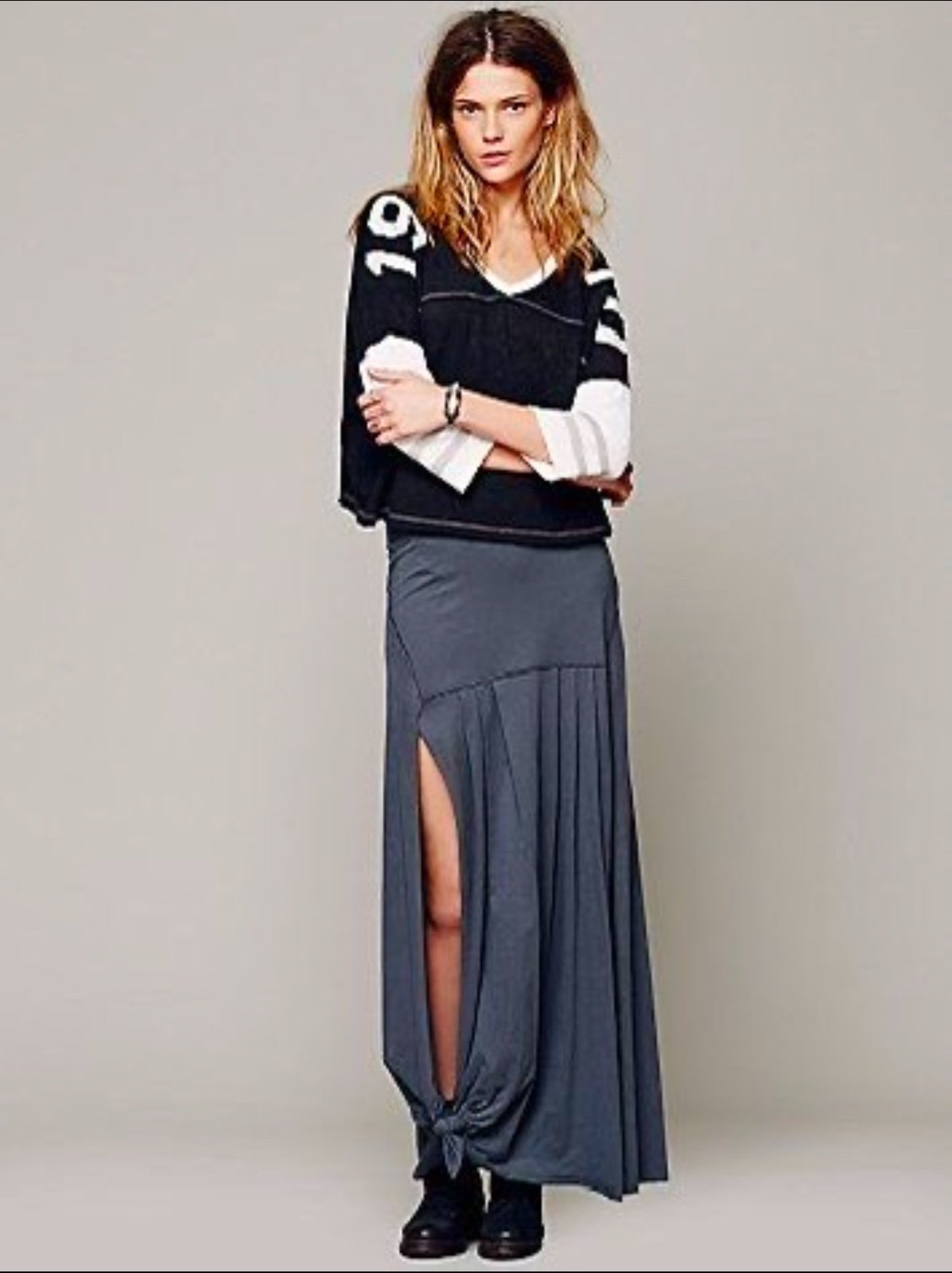 RARE Y2K Free People Beach Gray Double Slit & Knot Hem High Waist Jersey Maxi Sk