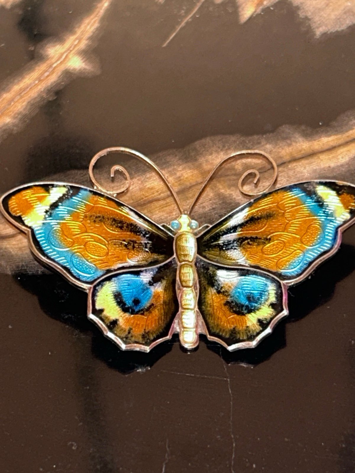 David Andersen Vintage Sterling Silver Guilloche Enamel Butterfly Pin